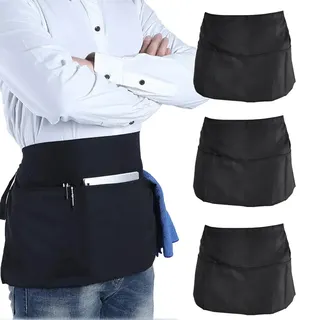 NAROSEBE 3 Stücke Kellnerschürze Kurz Kellner Vorbinder Schürze Schwarz Taillenschürze Kochschürze Küchenschürze Herren Damen Halbe Schürze Kurz mit 3 Taschen Bäckerschürzen für Kochen Basteln Backen - 60x30 cm
