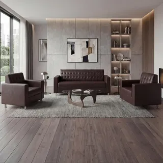 MCW 3-1-1 Sofagarnitur Pori, Couch Loungesofa Kunstleder, Metall-Füße ~ coffee