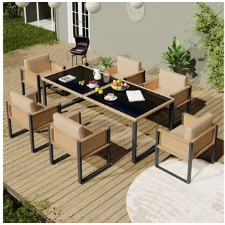 stilvora Garten Essgruppe Mit 1 Tisch Und 6 Sesseln, Hohe Rückenlehne Und Abnehmbare Kissenbezüge, Rattan Und Stoff, Braun