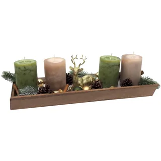 Adventsgesteck Weihnachten Deko Tablett Holz Hirsch Gold Kerze Grün Beige 40cm