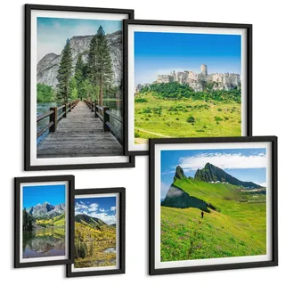 BILDER SET 5er Set - 50x50 cm & 20x30 cm & 40x60 cm Schwarzer Rahmen - Wasserfälle, Berge, Wolken, Herbst