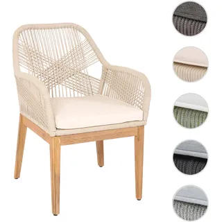 Gartenstuhl HWC-H56b, Sessel Outdoor Stuhl, wetterfest Seilgeflecht Rope Holz Akazie ~ beige Kissen creme-weiß