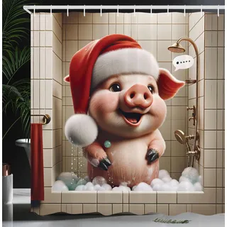 ABAKUHAUS Weihnachten Duschvorhang, Lustiges Schwein in der Dusche, Stoffliches Gewebe Badezimmerdekorationsset mit Haken, 175 x 180 cm, Zinnoberrot Schamesröte Eierschalenfarben
