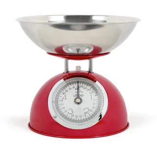 Küchenwaage Analog mit Edelstahl Schüssel Retro - Analogwaage Küche mit Tara Funktion - Analoge Haushaltswaage Vintage - Mechanische Waage bis 5 kg mit Waagschale - Rot
