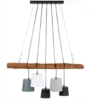 Licht-Erlebnisse Pendelleuchte DJERE, ohne Leuchtmittel, Balken Treibholz 115 cm lang Handarbeit Stoffschirme für 5x E27 grau