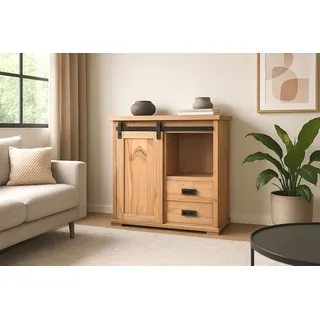 SAM Sideboard Liano III | Akazienholz massiv | Farbe: Natur | 75x36x90 cm | 3 Fächer & 2 Schubladen | Holz-Schiebetür | Kommode mit gusseisernen Elementen