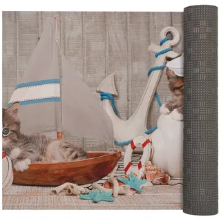 ANRO Küchenläufer LUIGI Katze Maritim pflegeleicht hochwertig Flurläufer Küchenteppich, eckig, Höhe: 3 mm, Teppichläufer 120cm Nordsee Bunt wasserdicht bunt 52 cm x 120 cm x 3 mm