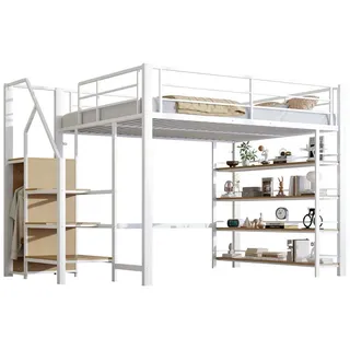 SOFTWEARY Hochbett mit Kleiderschrank und Regal (140x200 cm) Metallbett, Rausfallschutz, Treppe weiß