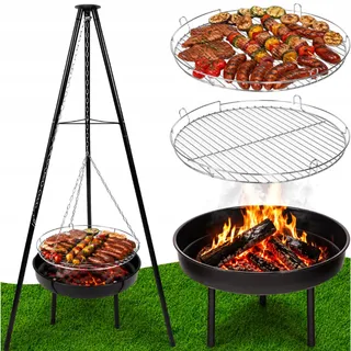 Holzkohlegrill Schwenkgrill 151 cm Feuerstelle am Dreibein, Grillwagen, hängender Grillrost BBQ Grill für Outdoor
