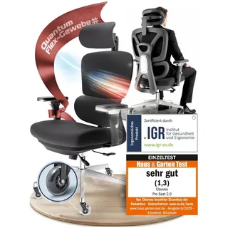 CLOUVOU Bürostuhl Ergonomisch, Schreibtischstuhl bis 150 kg - Testsieger (ProSeat - Chefsessel für Arbeitszimmer, 4D Gaming Armlehnen & 3D Kopfstütze), Blade Wheels, Homeoffice, Gaming Stuhl, Drehstuhl schwarz