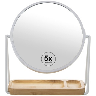 DRW Runder Spiegel mit 5-facher Vergrößerung aus Metall und Holz in Weiß und Natur, 18 cm