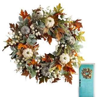 Bauernhaus-Herbstkranz, Dekoration für Haustür mit weißem Kürbis, Herbstkränze, 45 cm, -Kürbisernte, Erntedankfest, für draußen, drinnen, Zuhause, Türdekorationen
