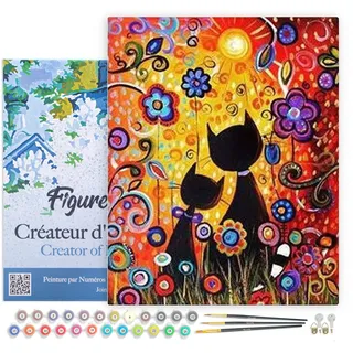 Figured'Art Malen Nach Zahlen Erwachsene Mit Rahmen Cartoon Katzen - Paint by Numbers Basteln DIY Bastelset 40x50cm Leinwand gespannt auf Holzrahmen