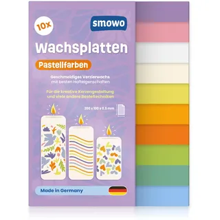 Smowo® 10 Pastell Wachsplatten 20 x 10cm zum gestalten, dekorieren und verzieren von Kerzen - Verzierwachs zum Basteln - Kerzenplatten Wachs Platten