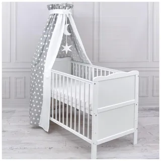 Generisch Baby Delux Babybett Himmel Betthimmel Baumwolle Baldachin für Babybett Kinderbett Wiege Stubenwagen Himmelstange Sterne Mond Applikationen Deko (Grey Dots, mit Himmelstange)