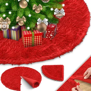 KESSER® Weihnachtsbaumdecke Tannenbaum Decke Christbaumdecke kunstfell Ø 90cm, Rund Teppich Filz Plüsch für Schnee Christbaum Weihnachtsbaum Deko Dekorationen Rot
