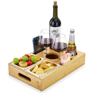 WELDUN 2 in 1 Couchbar Snackbox Bamboo Sofatablett mit 2 Edelstahl Snackschale Getränkehalter Flaschenhalter, Organizer Tablett für Wohnzimmer Sofa