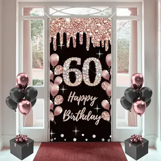 60. Geburtstag Dekorationen für Frauen, Happy 60. Geburtstag Stoff-Schild Poster, Rosegold Hintergrund, 180 cm x 90 cm
