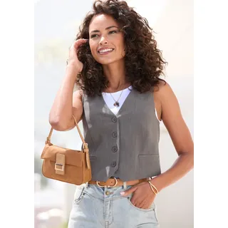 LASCANA Anzugweste LASCANA, Damen, Gr. 42, grün (khaki), Web, Obermaterial: 85% Viskose, 15% Leinen. Futter: 100% Polyester, unifarben, figurbetont taillenbedeckt, tiefer V-Ausschnitt, Westen Anzugweste, figurbetonter Schnitt und modisch verkürzte Länge