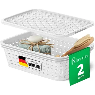 Novaliv Aufbewahrungskorb 2er Set mit Deckel in Rattan Optik 1L 30 x 20 x 15 cm Weiß
