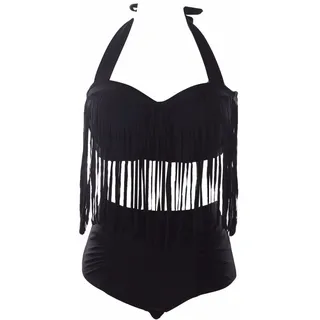 Shanxing Damen Bikinis Set Große Größen Hohe Taille Fringe Top Neckholder Bademode Badeanzug Badebekleidung Swimwear, 1-schwarz, XXX-Large - 3XL