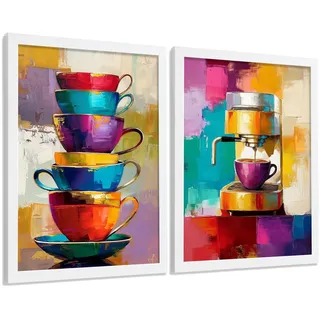 POSTER 2er Set Küchen-Wandbilder Kaffeetassen und Espressomaschine Pop Art Bunt Esszimmer Wanddeko Rahmenlos A3