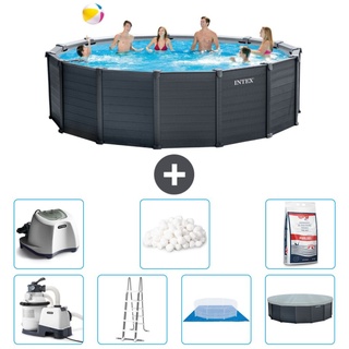 Intex runder Pool mit graphitgrauem Paneel – 478 x 124 cm – inklusive Pumpe – Leiter – Bodenplane – Abdeckung Salzwassersystem - Filterb...