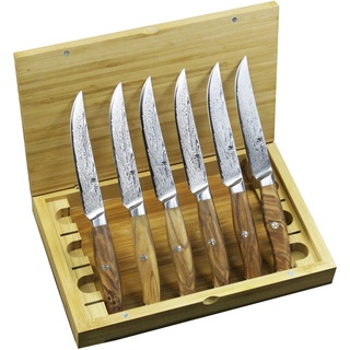 Wakoli Exklusives 6er Damast Steakmesser-Set Klingenlängen 12.5 cm mit Olivenholzgriffen