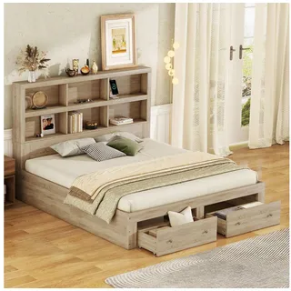 OKWISH Bett Doppelbett, Kingsize-Plattformbett, Holzbett, Lagerungsbett (Kopfteil mit Stauraum, mit zwei Schubladen am Fußende des Bettes), ohne Matratze beige