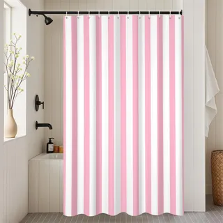 UUZEAI Stoff Duschvorhang 300 x 200 cm (B x H) Rosa und Weiß Niedlich Vertikal Gestreift Wasserdicht Waschbar Moderner Badvorhang für Badezimmer Badewanne mit Haken