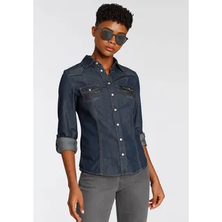 Jeansbluse ARIZONA "mit Druckknöpfen in Perlmuttoptik" Gr. 38, blau (rinsed) Damen Blusen Bluse Hemdbluse Jeansbluse und Krempelärmeln