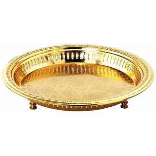 Marrakesch Orient & Mediterran Interior Dekotablett Tablett Juman im orientalischen Stil, aus Metall gefertigt, Gold 40 cm (1 St), Handarbeit goldfarben Ø 40 cm x 40 cm x 7,5 cm x 40 cm