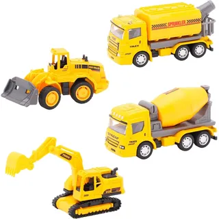 Toyland® Packung mit 4 Miniatur-Baufahrzeugen – Betonmischer, Sprinkler, Bagger und Planierraupe – Konstruktionsspielzeug