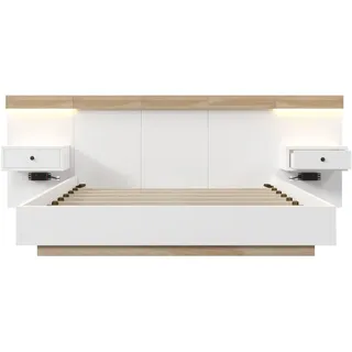 Merax Bettanlage Holzbett 140x200 Doppelbett mit 2 LED Nachtkommoden & 1 USB & 1 Type C & 1 Steckdose & Lattenrost Beige & Weiß