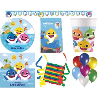 Procos Einweggeschirr-Set 149-tlg. Set Kindergeburtstag Party Feier Fete Deko Motto Baby Shark (149-tlg), 8 Personen, Pappe bunt