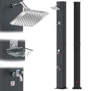 LZQ Solardusche 40L Gartendusche Solar mit integriertem Thermometer & Fußdusche, Pooldusche 60°C Warmwasser ohne Strom, Außendusche mit schwenkbarer Regenduschkopf & Gartenschlauch-Anschluss, Schwarz