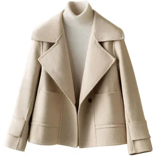LIEROLYE Kurzer Damen-peacoat Aus Wolle mit Gekerbtem Revers, Verkürzter Trenchcoat mit Taschen, Warme Winterjacke mit Knöpfen(Apricot,S) - S