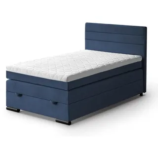 beautysofa Boxspringbett Tulia 120 x 200 cm Einzelbett mit Topper Bett mit Taschenmatratze und Federkernmatratze Bettkasten, Stoff: mono 232 - Blau - Blau