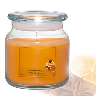 Candelo Hochwertige Duftkerze im Glas mit Deckel Ambiente – Winterorange Duft Kerze – 10 x10cm - 55 Std Brenndauer – Windlicht – XXL Glaskerze Orange