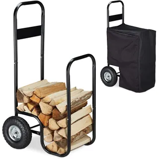 Relaxdays Kaminholzwagen Metall 109 x 58 x 51 cm inkl. Wetterschutz-Plane Schwarz