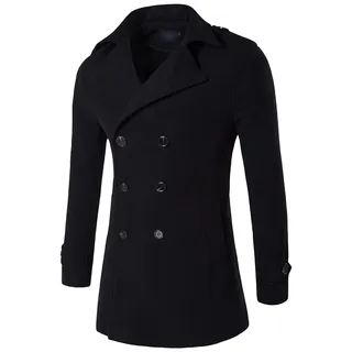 Klassischer Trenchcoat aus Wolle für Herren Winter Zweireihige Outdoor Jacke Business Peacoat Mantel mit Schmaler Passform und Gekerbtem Kragen (Schwarz,M)