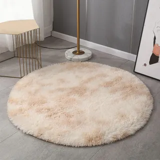 BESTORI Teppich Rund Hochflor Flauschiger Wohnzimmer Shaggy Teppiche rutschfest Sitzkissen Weich Modern Kunstfell Tie-dye Carpet Spielteppich, Beige, 80x80cm