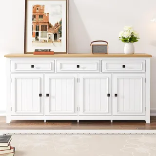 ModernLuxe Sideboard Buffet Kommode 160 cm Weiß mit Holzoptik, Moderne Anrichte mit 3 Schubladen & 4 Türen, großer Stauraum, Aufbewahrungsschrank Wohnzimmer Esszimmer Flur