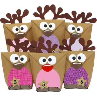 Papierdrachen Adventskalender 2026 - DIY Set Rentiere Rosa-Lila | 24 Papiertüten - rosa & lila Muster - inkl. Zubehör - DIY Set zum Basteln & Gestalten - Weihnachtszeit - Verschenken