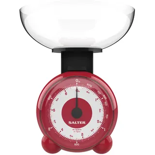 Salter 139 RDDRA Retro Mechanische Küchenwaage - Analog Traditionelle Waage Bis 3kg Mit Tara-Funktion, Keine Batterien, BPA Frei Spülmaschinenfest Schüssel, Gut lesbares Nadelanzeige Zifferblatt, Rot