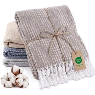 Lanavitta Premium Tagesdecke in 140x200 cm - Atmungsaktive Baumwolle Kuscheldecke - Sommerdecke mit Fransen - Bettüberwurf in Mocha - Leichte Baumwolldecke - Oeko TEX 100 Zertifiziert Sofadecke