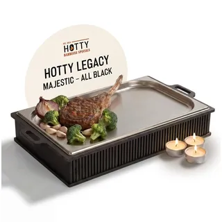 INEXTERIOR Hotty Legacy Warmhalteplatte fürs Grillen – BBQ-Design Speisenwärmer – Stövchen für Grillgut mit Kerzen – BBQ-Board für Grillpartys (All Black, XL)