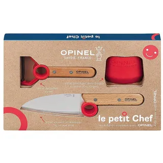 OPINEL Kinder Sicherheit Küchenmesser Set Le Petit Chef 3-teilig Edelstahl Messer und Schäler mit Fingerschutz rot, ergonomischer Griff, Kochset für Kinder Küche