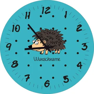 Shirtinstyle Kinderzimmeruhr mit Tiermotiv Igel mit Wunschnamen Geschenk Uhr Kinder Handmade Wanduhr Wunschtext Name, 29cm, Farbe Tuerkise