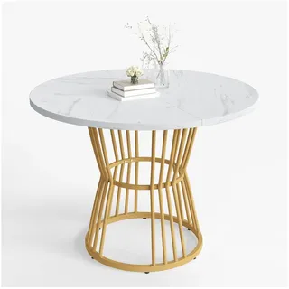 BlingBin Esstisch Moderne Marmor Küchentisch Esstische mit Stabiler Metallrahmen (1er Set, 1-St., Durchmesser: 100cm, Höhe: 75cm, Produkt tragend: 60kg), Frühstückstisch aus Metall und MDF für Esszimmer, Weiß und Golden goldfarben